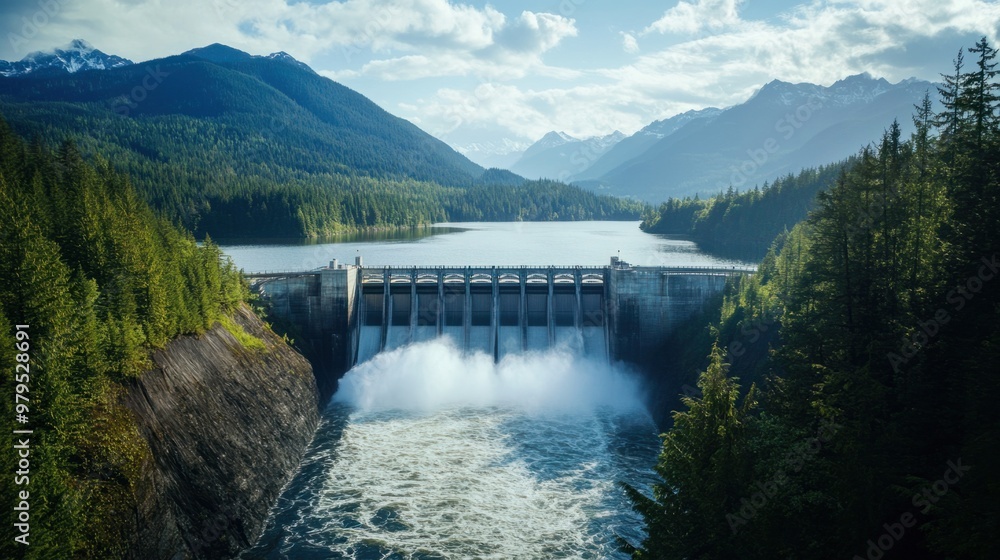 A hydroelectric dam framed by mountains and forests, with water rushing through the gates in the distance. A hydroelectric dam framed by mountains and forests, with water rushing through the gates in the distance.