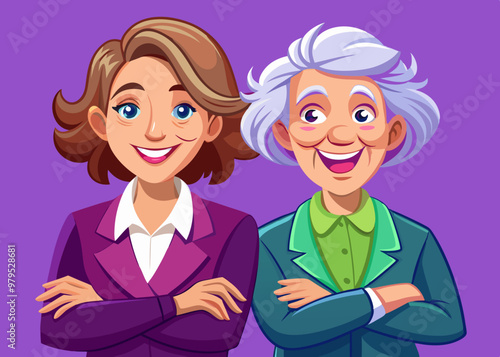 cartoon vector illustration of happy old woman and young woman manager smiling with folded arms, suit wearing, employee, purple isolated background, businesswoman