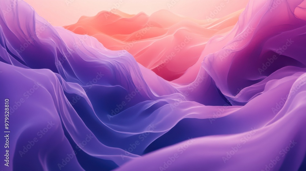 Obraz premium Surreal mountain landscape with flowing purple and pink fabric waves at sunset