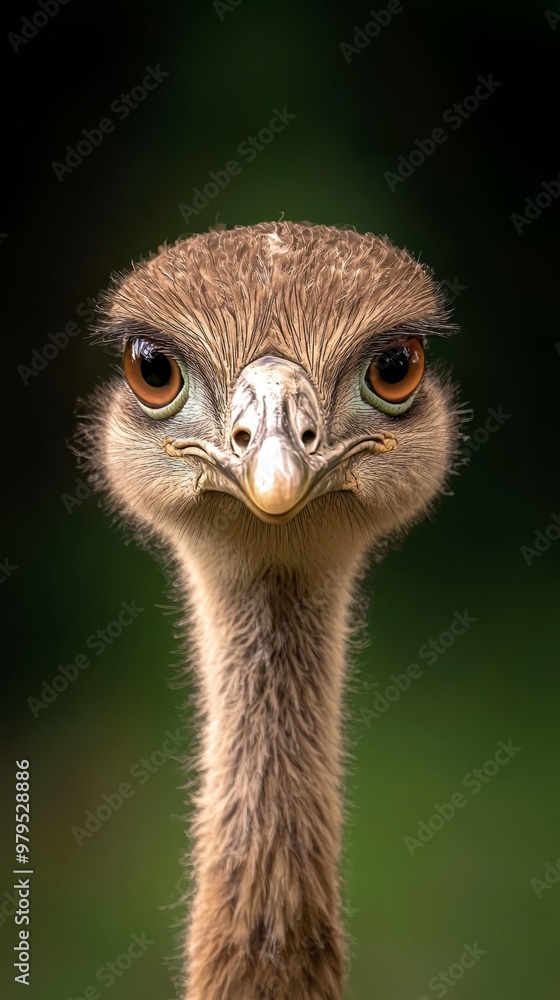  A tight shot of an ostrich's head against a softly blurred background of green grass