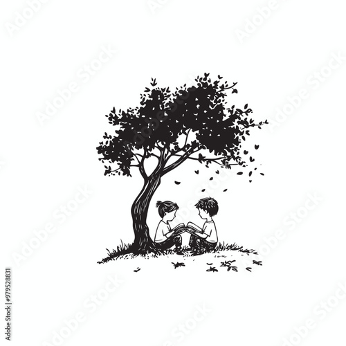 kids reading book under the tree vector logo