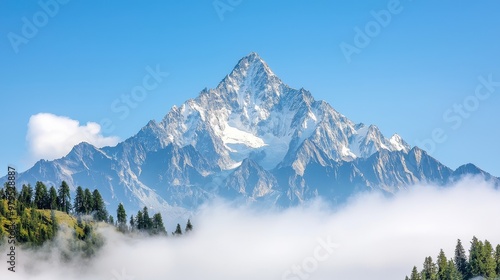 Panoramic winter landscape with snow-capped mountains and a clear blue sky