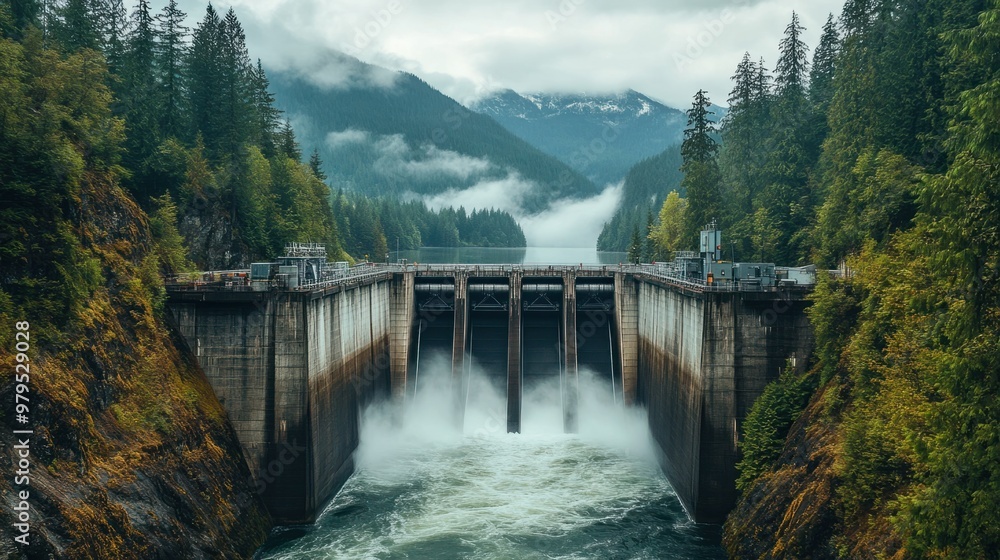 A hydroelectric dam framed by mountains and forests, with water rushing through the gates in the distance. A hydroelectric dam framed by mountains and forests, with water rushing through the gates in the distance.