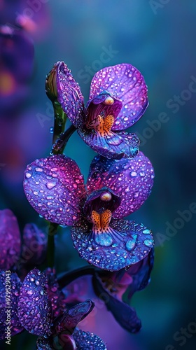 green stem against purple blooms