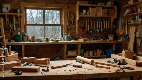 Busy workshop with custom wood furniture projects, tools scattered.