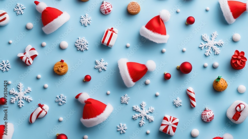 Cute 3D Christmas pattern featuring tiny Santa hats, snowflakes, and holiday treats, perfect for a joyful festive backdrop. Cute 3D Christmas pattern featuring tiny Santa hats, snowflakes, and holiday treats, perfect for a joyful festive backdrop.