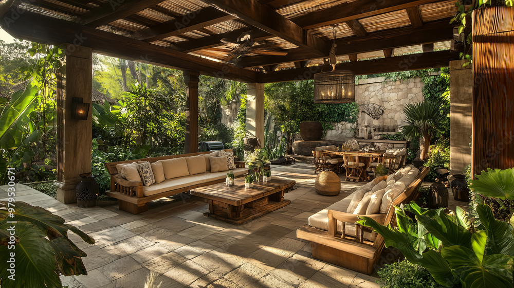 Fototapeta premium A luxurious open-air living room surrounded by lush greenery, featuring wooden furniture, natural stone floors, and cozy seating under a pergola