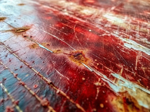 Close-up of neglected surface with deep red scratches and abrasions, revealing signs of wear and tear from lack of regular cleaning and maintenance attention. photo