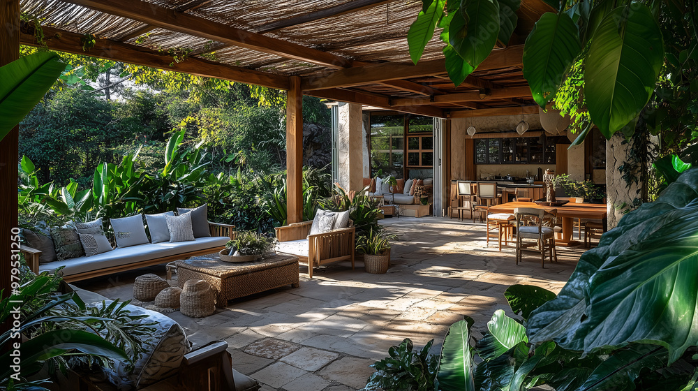 Fototapeta premium A luxurious open-air living room surrounded by lush greenery, featuring wooden furniture, natural stone floors, and cozy seating under a pergola