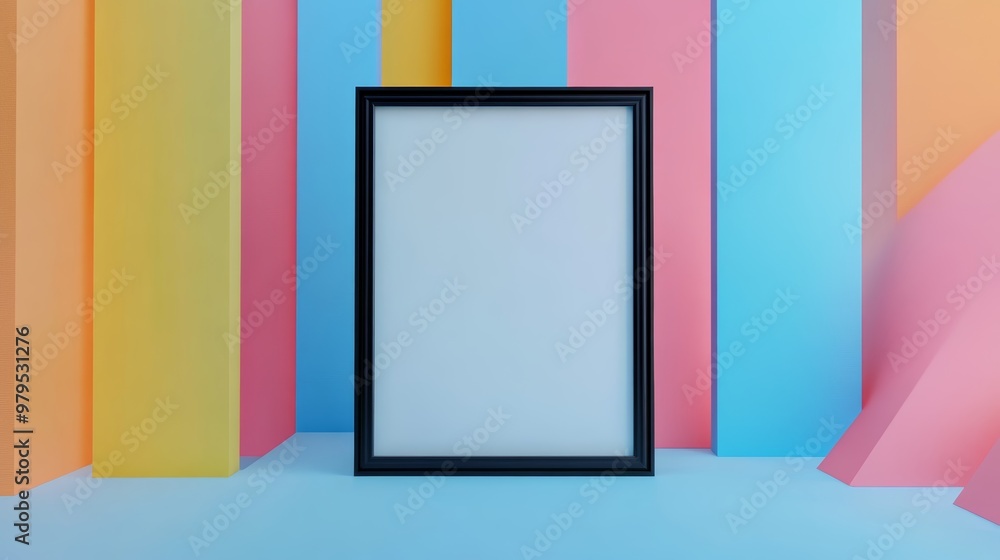 A stylish black frame stands against a vibrant pastel background, perfect for showcasing artwork or memories. A stylish black frame stands against a vibrant pastel background, perfect for showcasing artwork or memories.