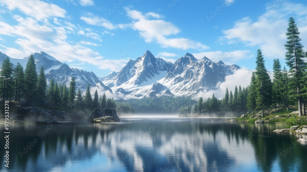 A serene mountain landscape with a pristine lake reflecting the surrounding high peaks, surrounded by dense pine forests and a clear blue sky A serene mountain landscape with a pristine lake reflecting the surrounding high peaks, surrounded by dense pine forests and a clear blue sky