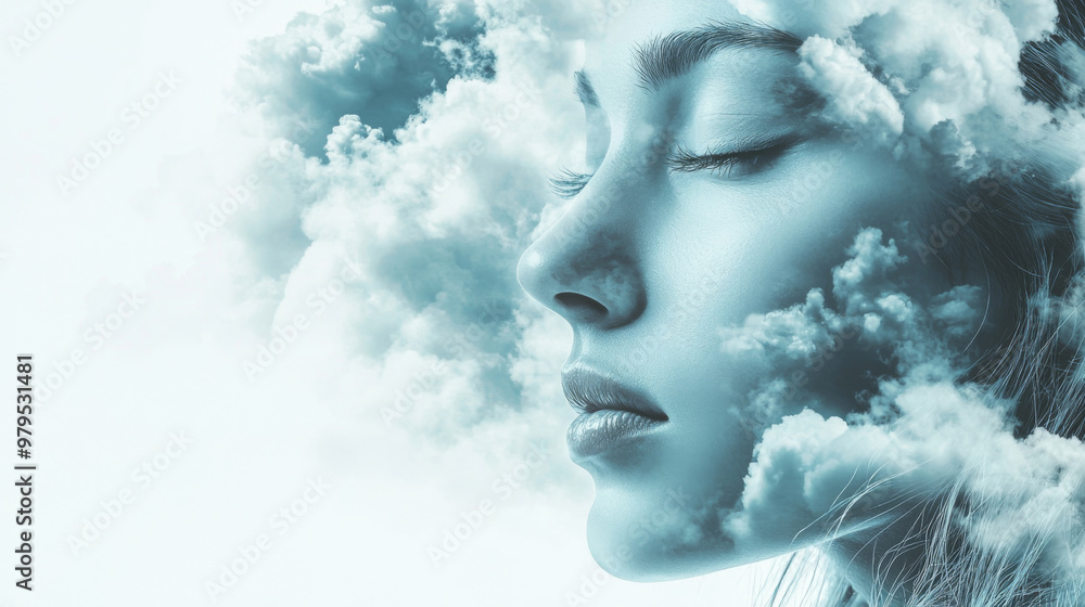 A woman's face is shown in a cloud-filled sky A woman's face is shown in a cloud-filled sky