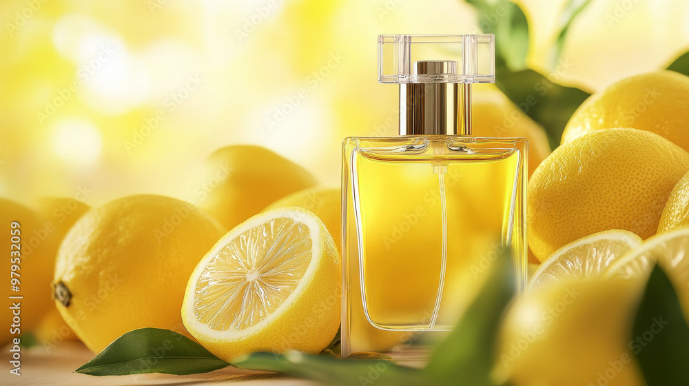 A yellow perfume bottle is in the foreground, with a background of fresh yellow lemons. There's empty space to add text, perfect for showcasing this lemon-inspired product.