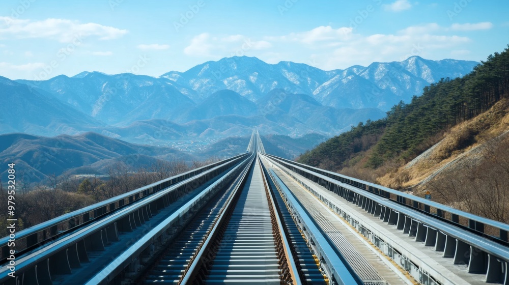 Fototapeta premium A shot of the high-speed train's tracks stretching into the distance, framed by scenic mountains and clear skies, symbolizing modern travel