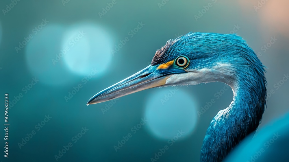 A tight shot of a blue bird with an elongated neck against a softly blurred backdrop A tight shot of a blue bird with an elongated neck against a softly blurred backdrop