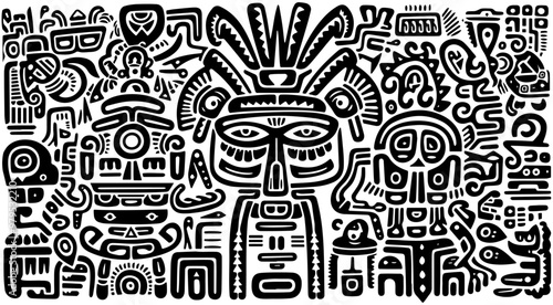 Aztec and Mayan tribal Doodle face background