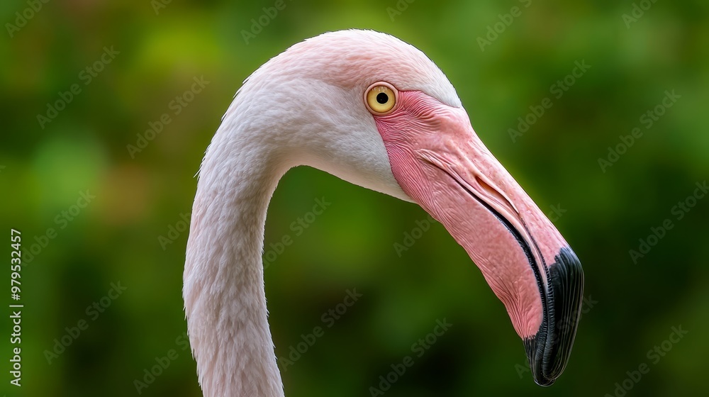 Fototapeta premium A tight shot of a flamingo's head and neck against a softly blurred backdrop of green foliage