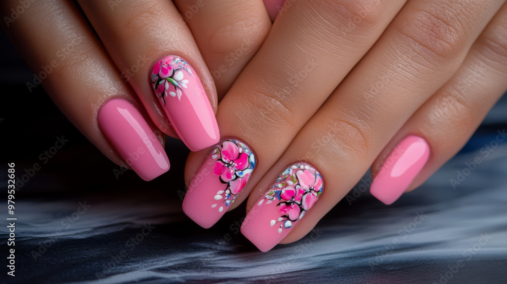 Close-up of hands with pink nail art. The photo highlights the beauty salon service and creates a dramatic effect with long shadows. Close-up of hands with pink nail art. The photo highlights the beauty salon service and creates a dramatic effect with long shadows.