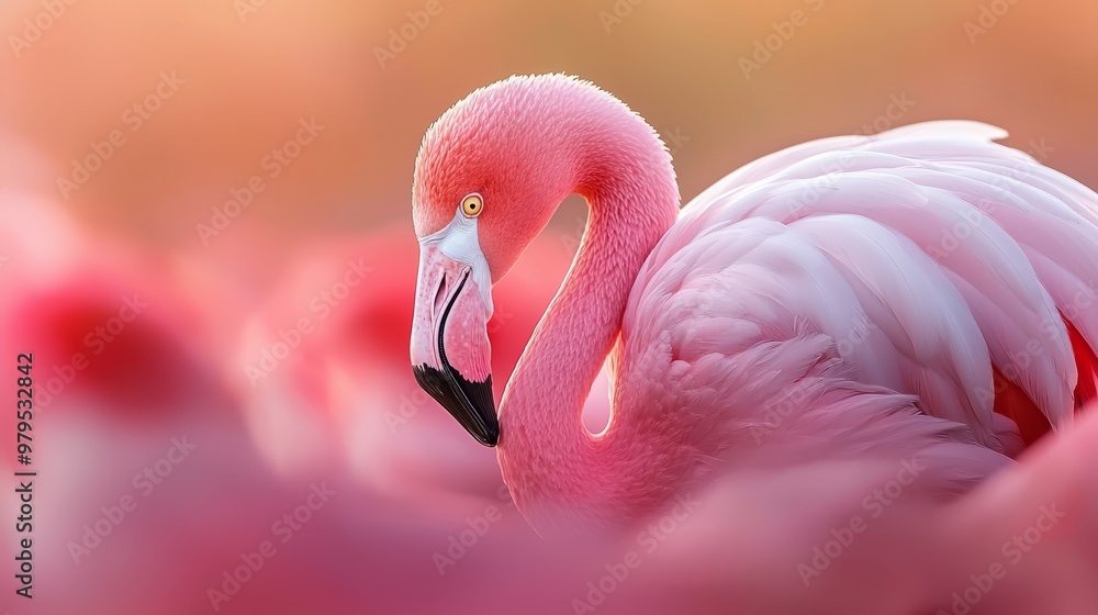 Naklejka premium A tight shot of several pink flamingos amidst a sea of pink blossoms