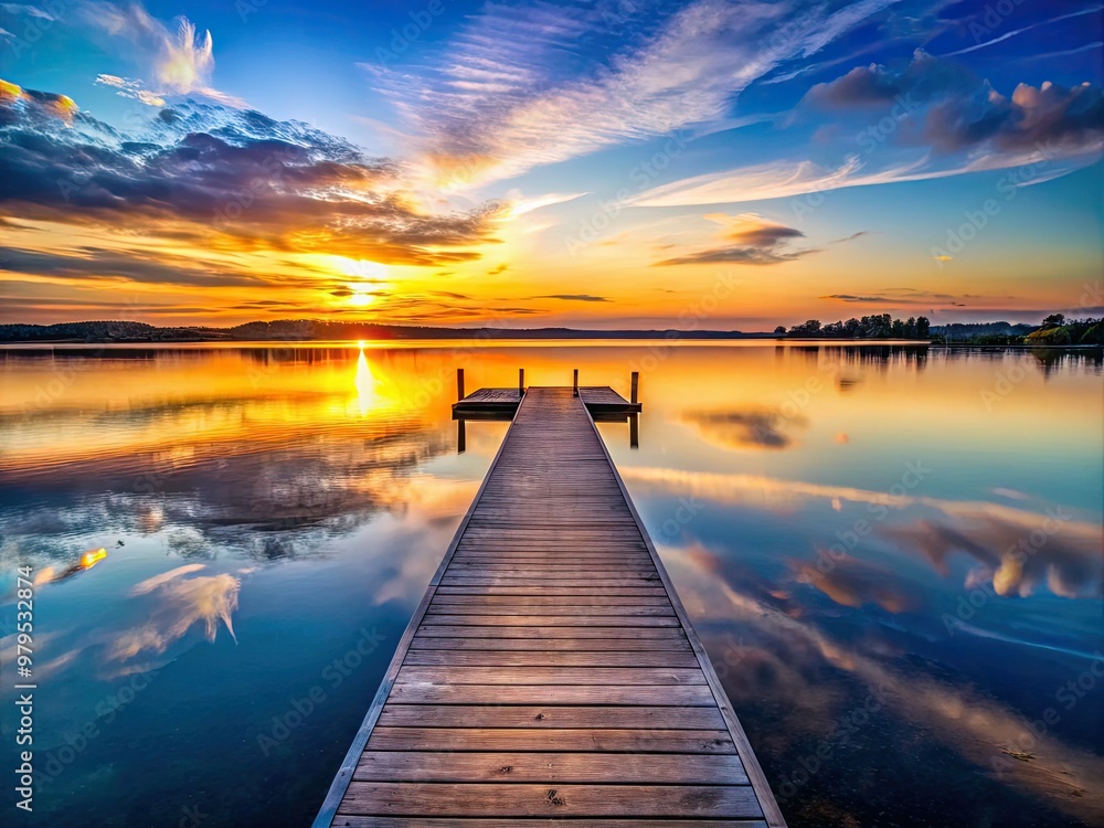 Fototapeta premium Peaceful dock sunset calm crystal clear waters reflection symmetry quiet contemplation