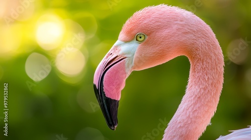  A tight shot of a pink flamingo's head and neck against a softly blurred backdrop of green foliage photo