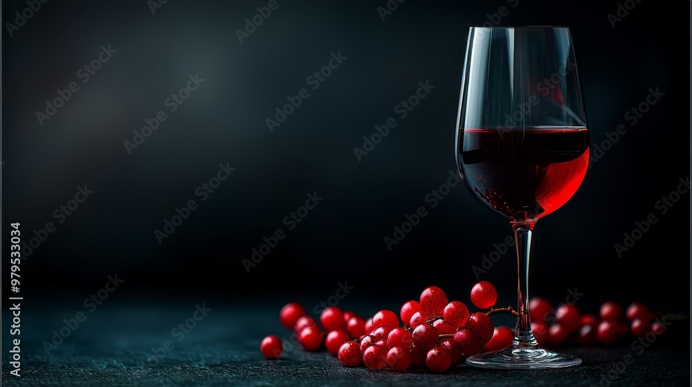 A glass of red wine and a mound of red berries on a black table against a dark backdrop A glass of red wine and a mound of red berries on a black table against a dark backdrop