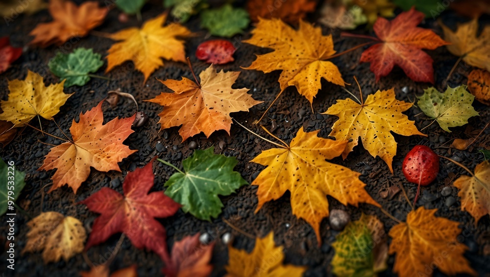 Autumn scene with vibrant falling leaves and warm seasonal colors. Autumn scene with vibrant falling leaves and warm seasonal colors.