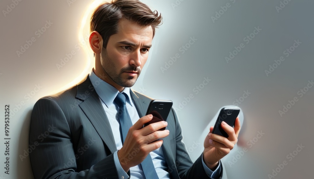 A focused businessman in a suit examines information on two smartphones. The image highlights the modern professional's multitasking ability and the importance of technology in business communication A focused businessman in a suit examines information on two smartphones. The image highlights the modern professional's multitasking ability and the importance of technology in business communication