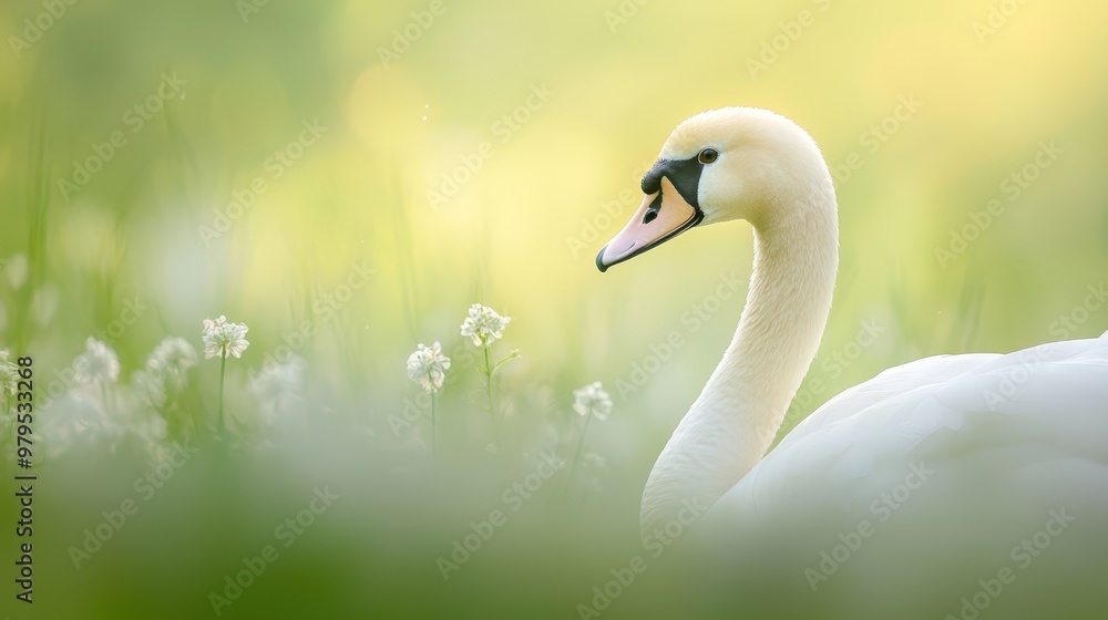 Obraz premium A tight shot of a swan amidst a sea of grass and blooms, surrounded by a hazy backdrop of similar vegetation