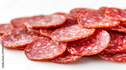 Close-up of thin salami slices, set against a plain white backdrop.