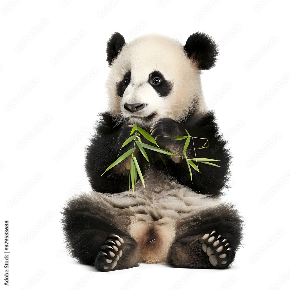 Panda Cub Sitting with a Playful Look, Holding a Small Piece of Bamboo Panda Cub Sitting with a Playful Look, Holding a Small Piece of Bamboo