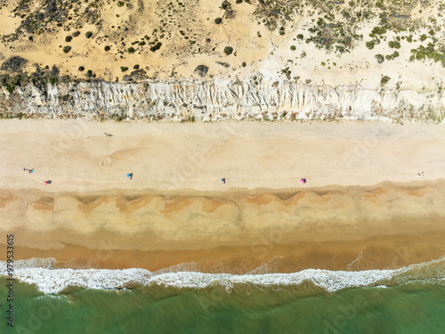 Aerial view of Beach life at the Asperillo cliff, the highest dune cliff in Europe. Doñana Natural Park, Huelva province, Andalusia, Spain. photo