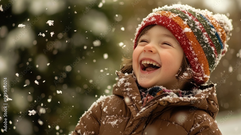 Child in multicolored hat laughing amidst snowfall joy. Child in multicolored hat laughing amidst snowfall joy.