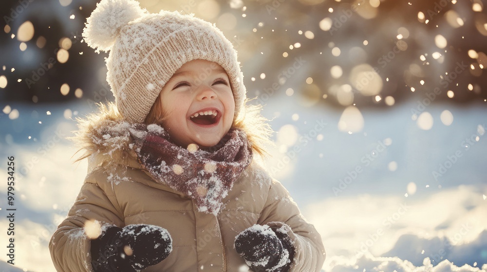 Joyful child enjoying a snowy day surrounded by light Joyful child enjoying a snowy day surrounded by light
