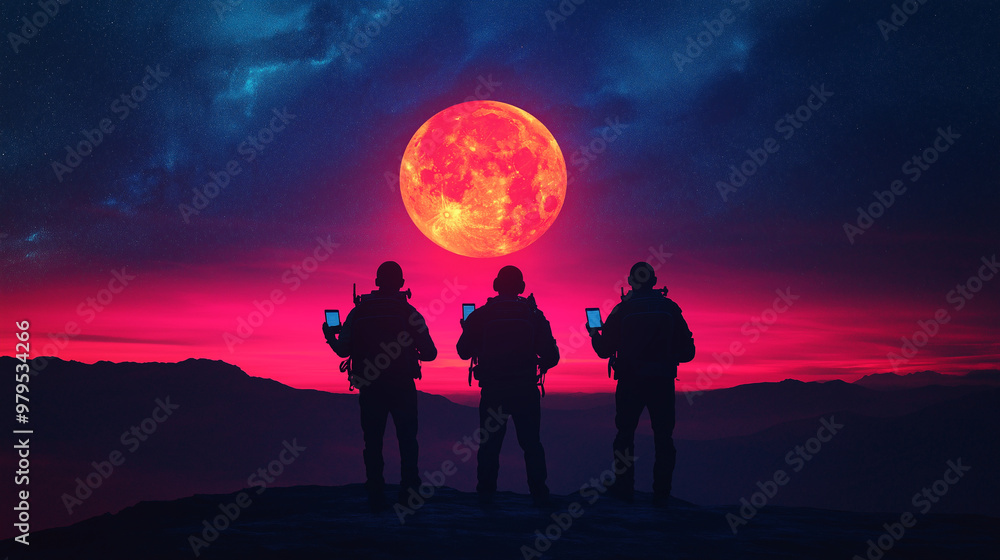Fototapeta premium Three men are standing on a hill, looking at a red moon