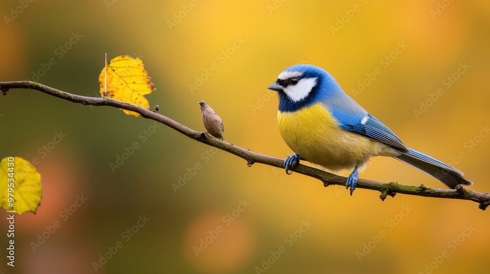 Obraz premium A blue-and-yellow bird perches on a branch, with a smaller bird at its end