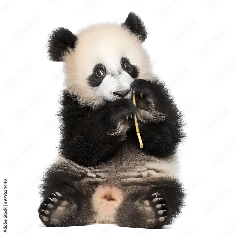 Fototapeta premium Panda Cub Sitting with a Playful Look, Holding a Small Piece of Bamboo
