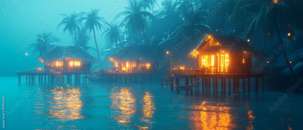 Tropical Cabanas on a Misty Lagoon at Night. Tropical Cabanas on a Misty Lagoon at Night.