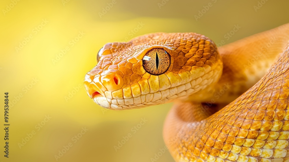 A tight shot of a yellow snake's head against a softly blurred backdrop A tight shot of a yellow snake's head against a softly blurred backdrop