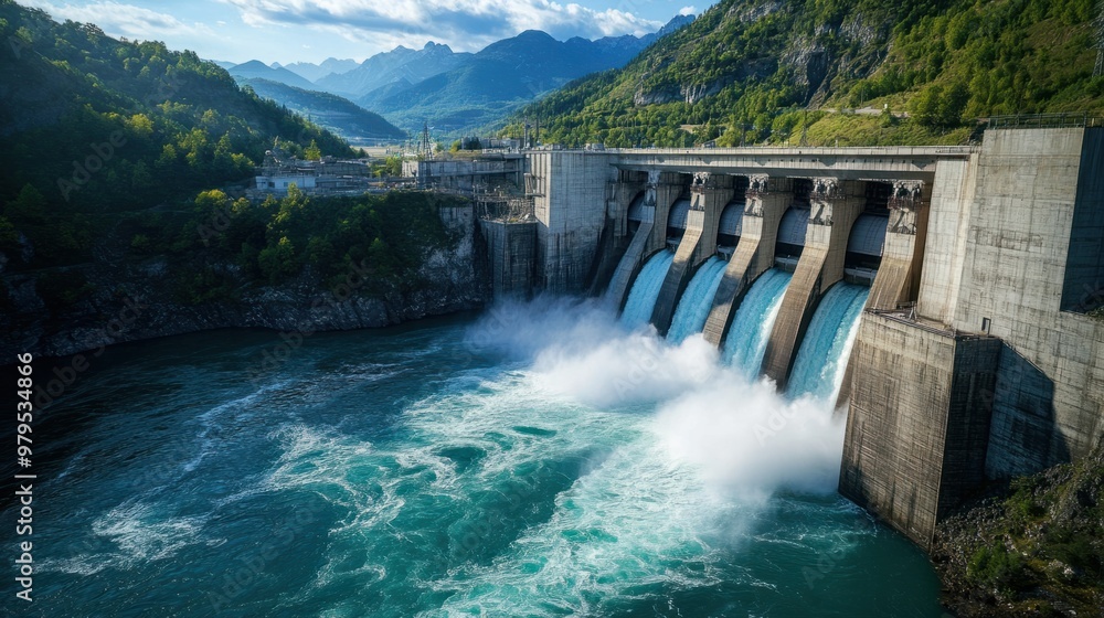 A large hydroelectric facility, with its imposing concrete walls and the massive flow of water beneath it. A large hydroelectric facility, with its imposing concrete walls and the massive flow of water beneath it.