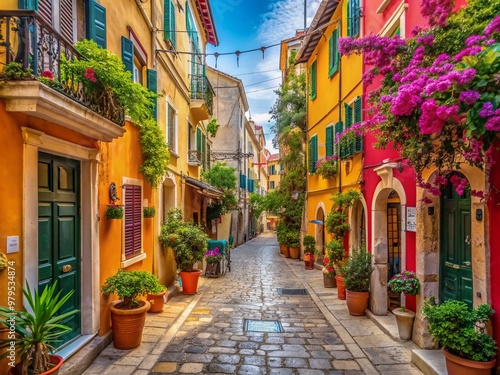 Colorful historic Corfu town streets feature traditional Greek architecture, vibrant buildings, and quaint alleyways, showcasing the charming European old town's rich cultural heritage.