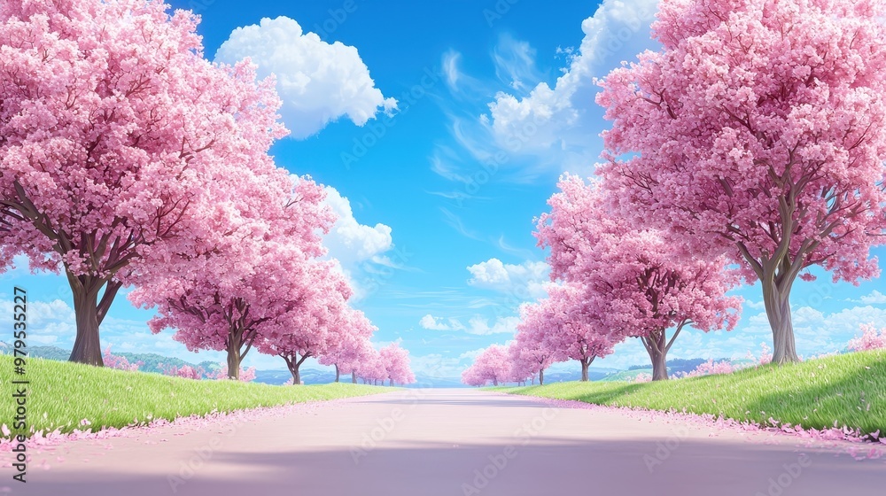 Fototapeta premium Enchanting Cherry Blossom Wonderland: Anime Style Park Bursting with Vibrant Blooms