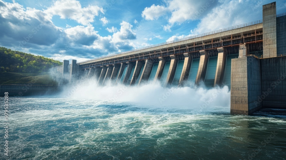 A large hydroelectric facility, with its imposing concrete walls and the massive flow of water beneath it. A large hydroelectric facility, with its imposing concrete walls and the massive flow of water beneath it.