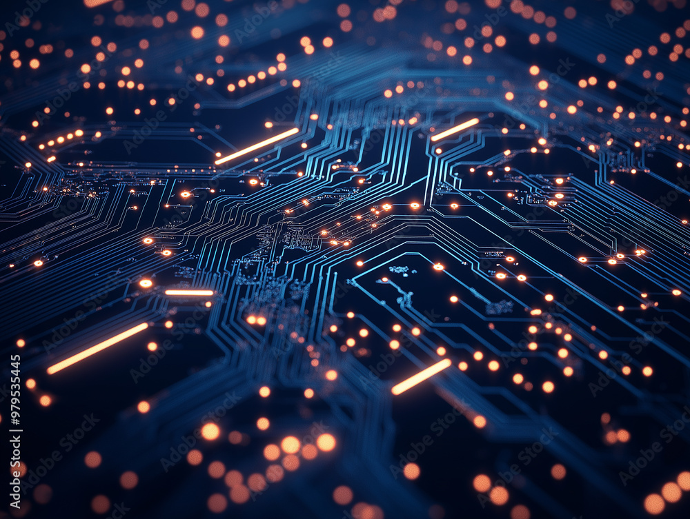 A close up of a circuit board with many small orange and blue dots A close up of a circuit board with many small orange and blue dots