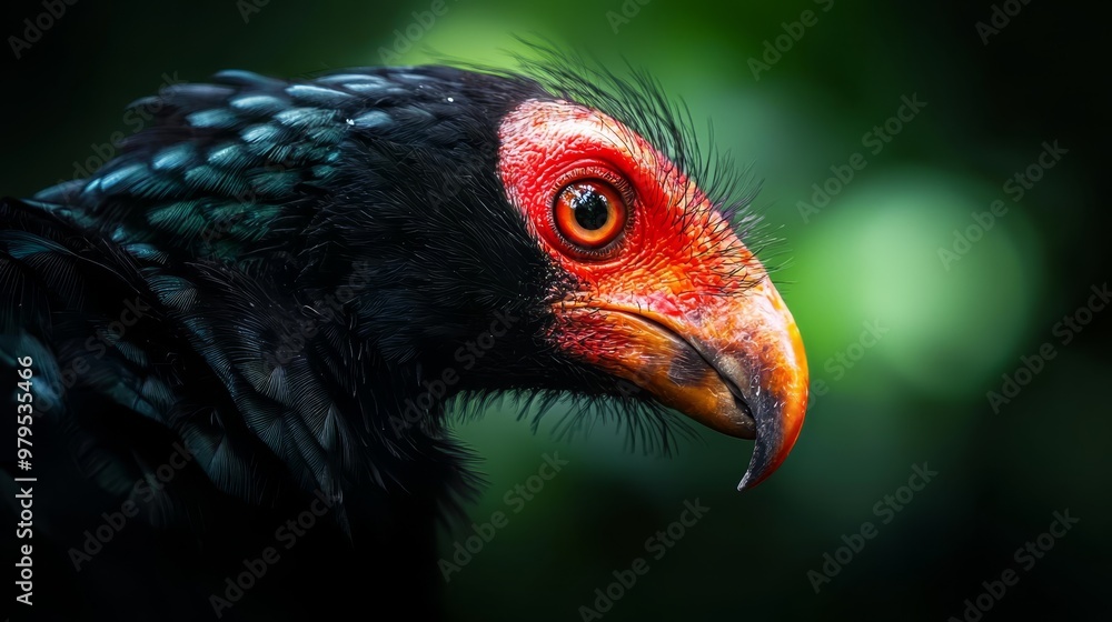 A tight shot of a bird with a red-and-black head against a black body, set against a verdant backdrop of green leafy foliage A tight shot of a bird with a red-and-black head against a black body, set against a verdant backdrop of green leafy foliage