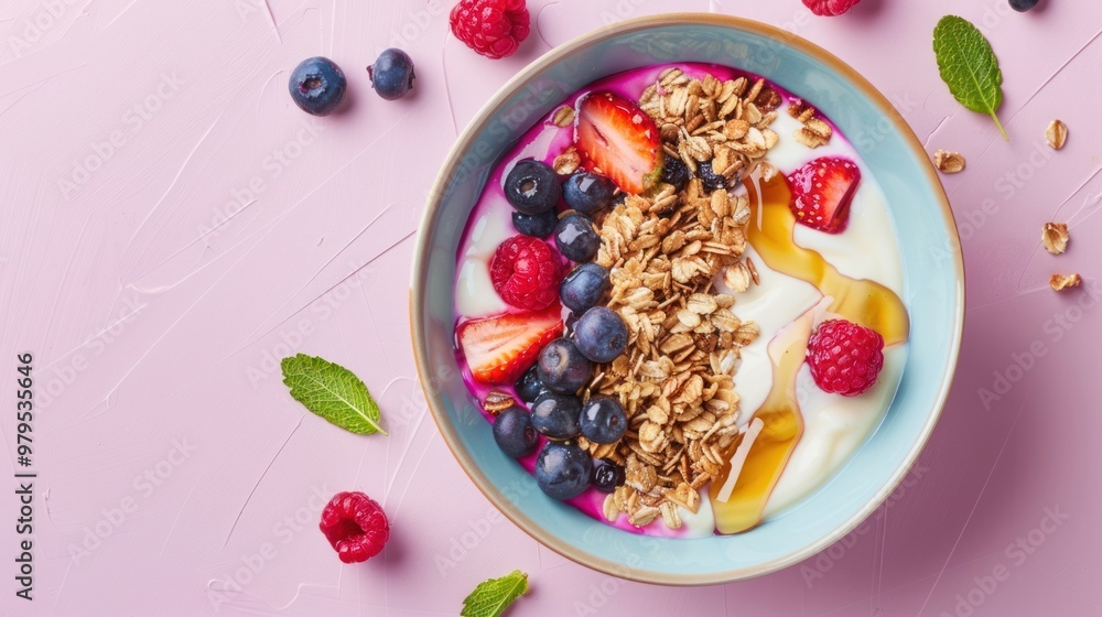 A bowl of almond milk yogurt topped with granola, berries, and a drizzle of honey A bowl of almond milk yogurt topped with granola, berries, and a drizzle of honey