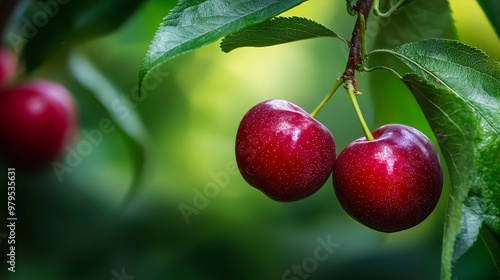  A tight shot of two cherries on a branch, surrounded by leaves, against a softly blurred backdrop of green foliage