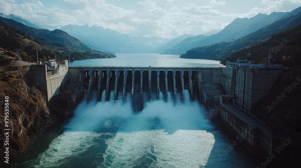 A long view of a hydroelectric dam with water flowing through the spillway into a vast river below. A long view of a hydroelectric dam with water flowing through the spillway into a vast river below.