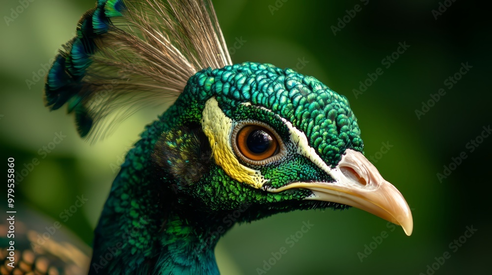 Obraz premium A tight shot of a peacock's head featuring a green and yellow feeder atop it