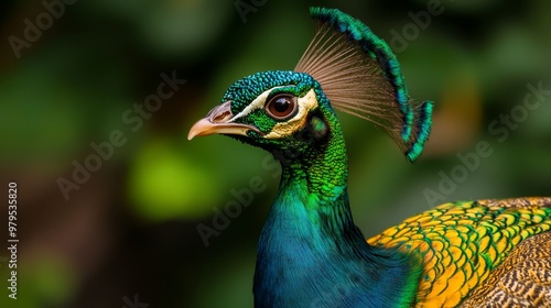 vivid green and yellow feathers adorn its head In the backdrop, a tree stands tall